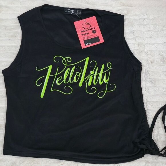 2‑Pc Set – Sanrio Hello Kitty Black/Neon Green Mesh Ruched Tank & Elastic Shorts - Picture 3 of 6